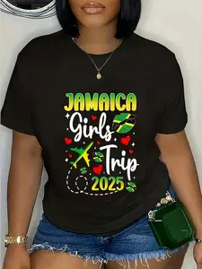 Jamaica Trip 2025 Graphic Tee - Black Casual Summer Vacation Shirt with Bold Lettering & Green/Yellow Flag Design, Machine Washable, Weekend Wear | Playful Design | Fabric, Caribbean Festive Attire | Casual Fit Tee | Glossy Fabric