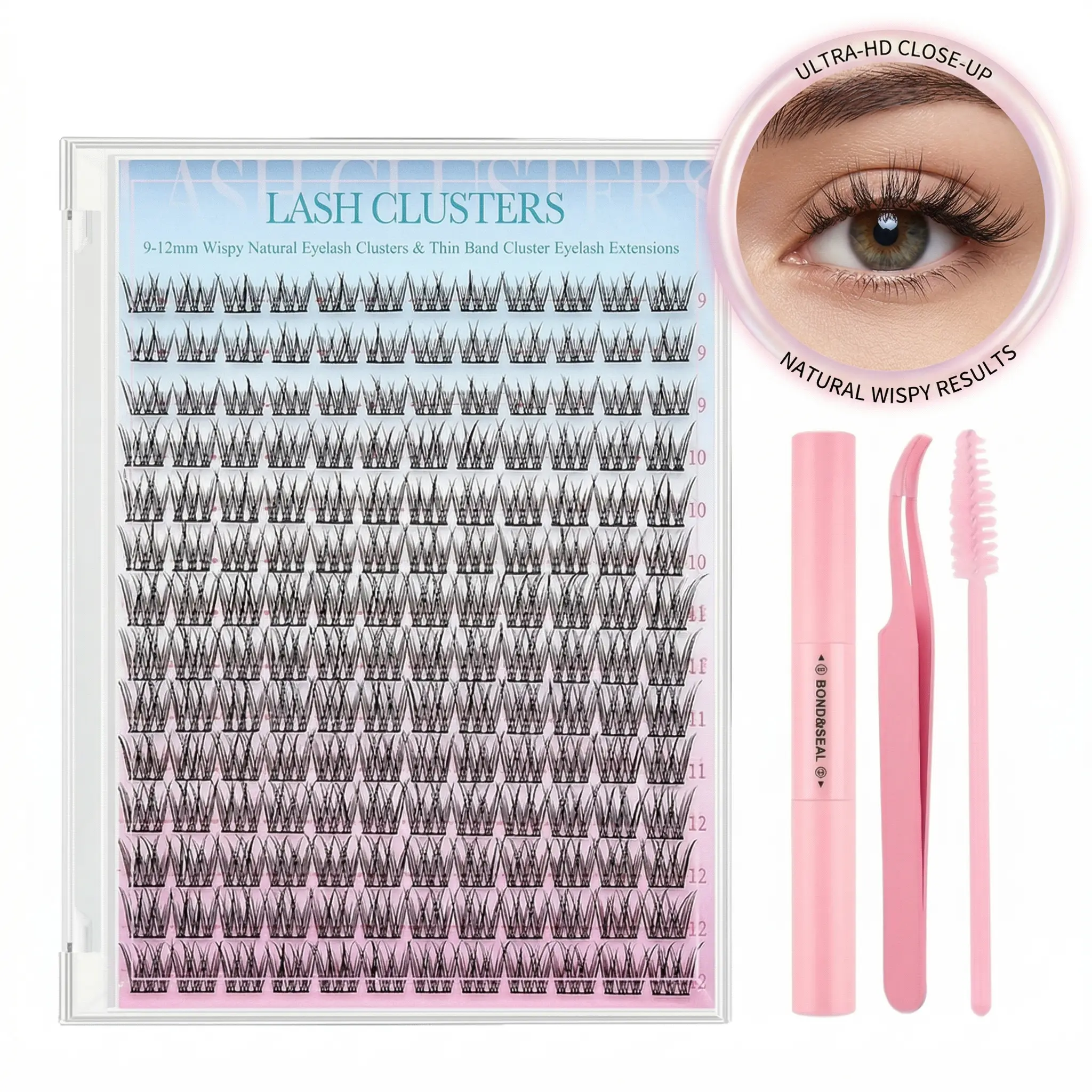Fluffy Cluster Lashes Kit - 168Pcs Easy-Apply DIY Makeup Eyelash Extensions Set with Bond, Seal, Tweezers, Spoolie, Wispy Mixed 9-12mm Super Thin Band Lashes