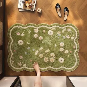 Matcha green floral bathroom entrance non-slip floor mat Bath Rug Nordic retro living room sofa carpet fresh pastoral style bedroom decoration bedside carpet wavy edge leisure area balcony bay window carpet water-launderable hat room lounge office carpet