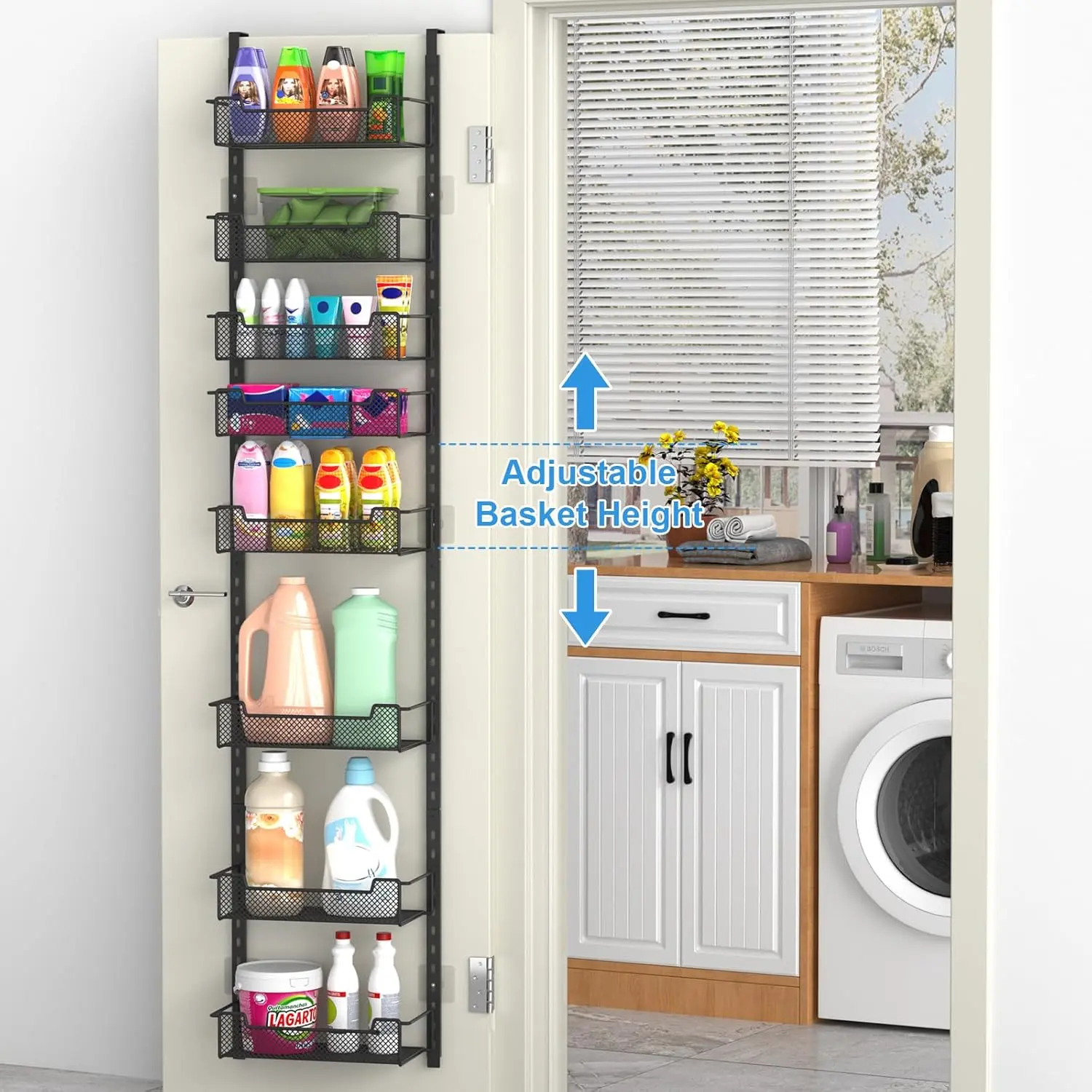 12.3" Slim 8-Tier Over the Door Pantry Organizer | Max Capacity Adjustable Basket Spice Rack | Matte Black Kitchen Storage bedroom bathroom laundry room