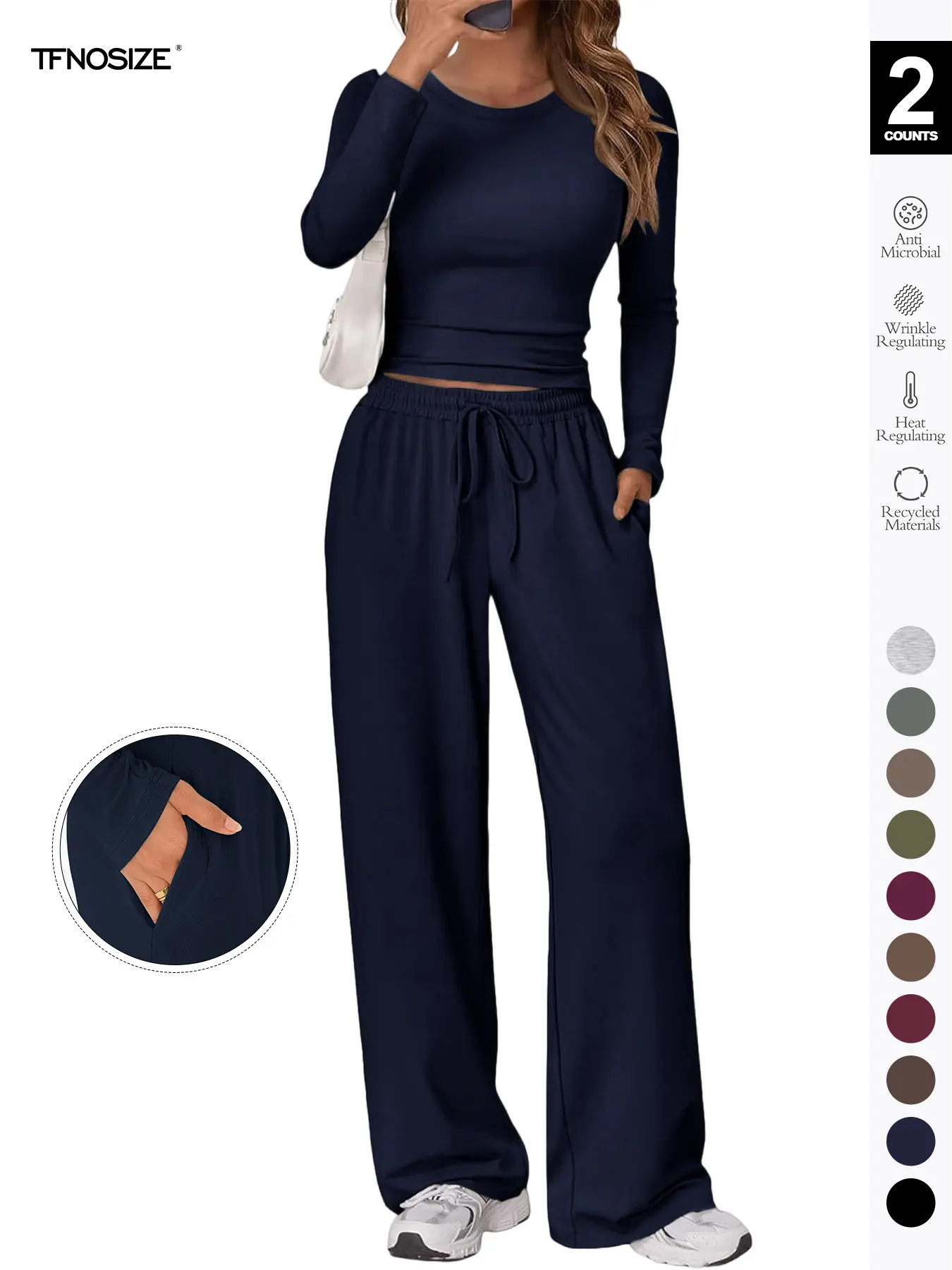 Women's 2 Piece Matching Loungewear Set, Long Sleeve Slightly Crop Fitted Top & Wide Leg Drawstring Pants, Casual Sweatsuit for Fall & Winter Women's 2 Piece Matching Loungewear Set, Long Sleeve Slightly Crop Fitted Top & Wide Leg Drawstring Pants, Casual Sweatsuit for Fall & Winter
