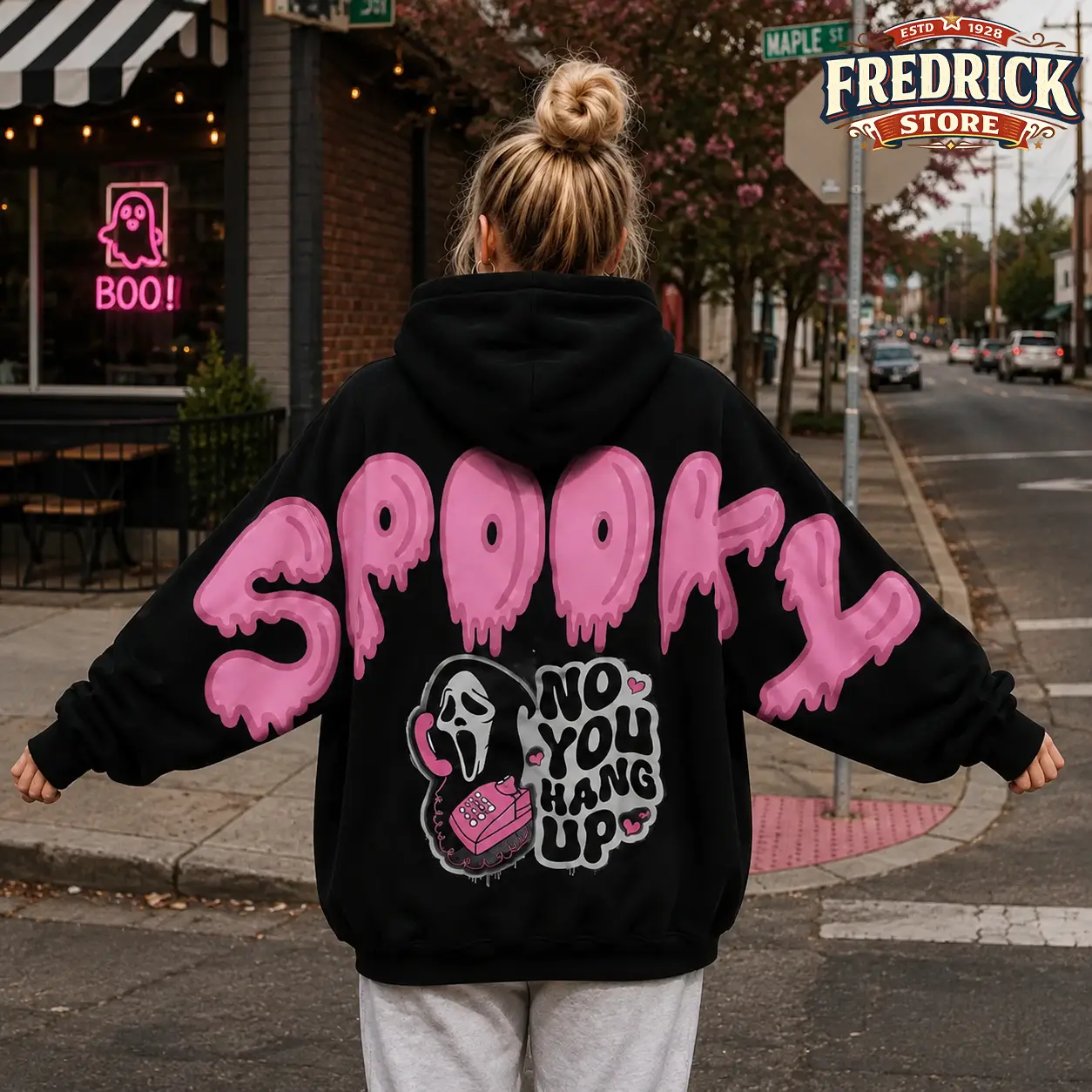 No You Hang Up GhostFace Pink Movie Horror V2 Shoulder-to-Shoulder Back Lettering Sweatshirt Hoodie, Scary Movie Graphic Pullover, Spooky Season, Gift for Him and Her, Vibes
