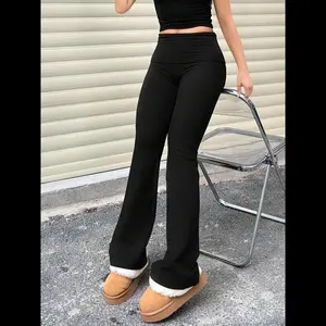Women's Solid Fold Over Waist Flare Leg Pants, Casual Comfy Bootcut Trousers for Spring & Fall, Women's Bottoms for Daily Wear