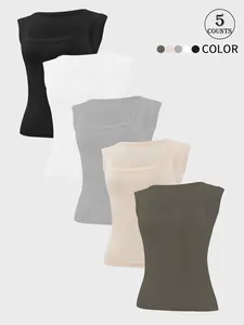 5 Pack Minimalist High-elastic Wide Shoulder Strap Vest Quick Wicking Square Neck Vest Solid Color Breathable and Comfortable Daily Casual Women's Running Fitness Base Outer Wear Sports Camisole Top for Women, athletic tank tops, Elegant Comfy Cami