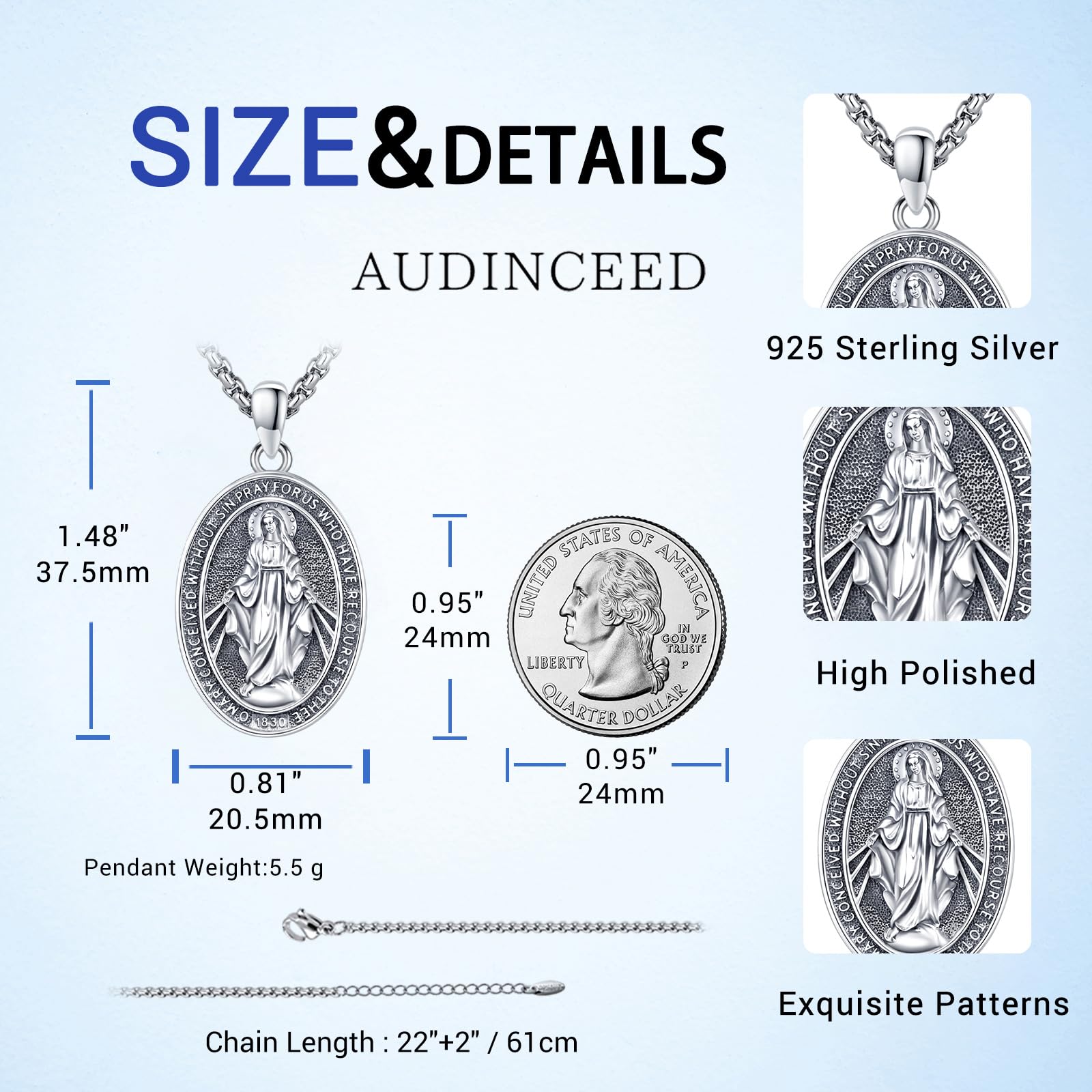 Audinceed Miraculous Medal Necklace for Women, 925 Sterling Silver Saint of Faith and Divine Catholic Medal Pendant Amulet Religious Jewelry Gift