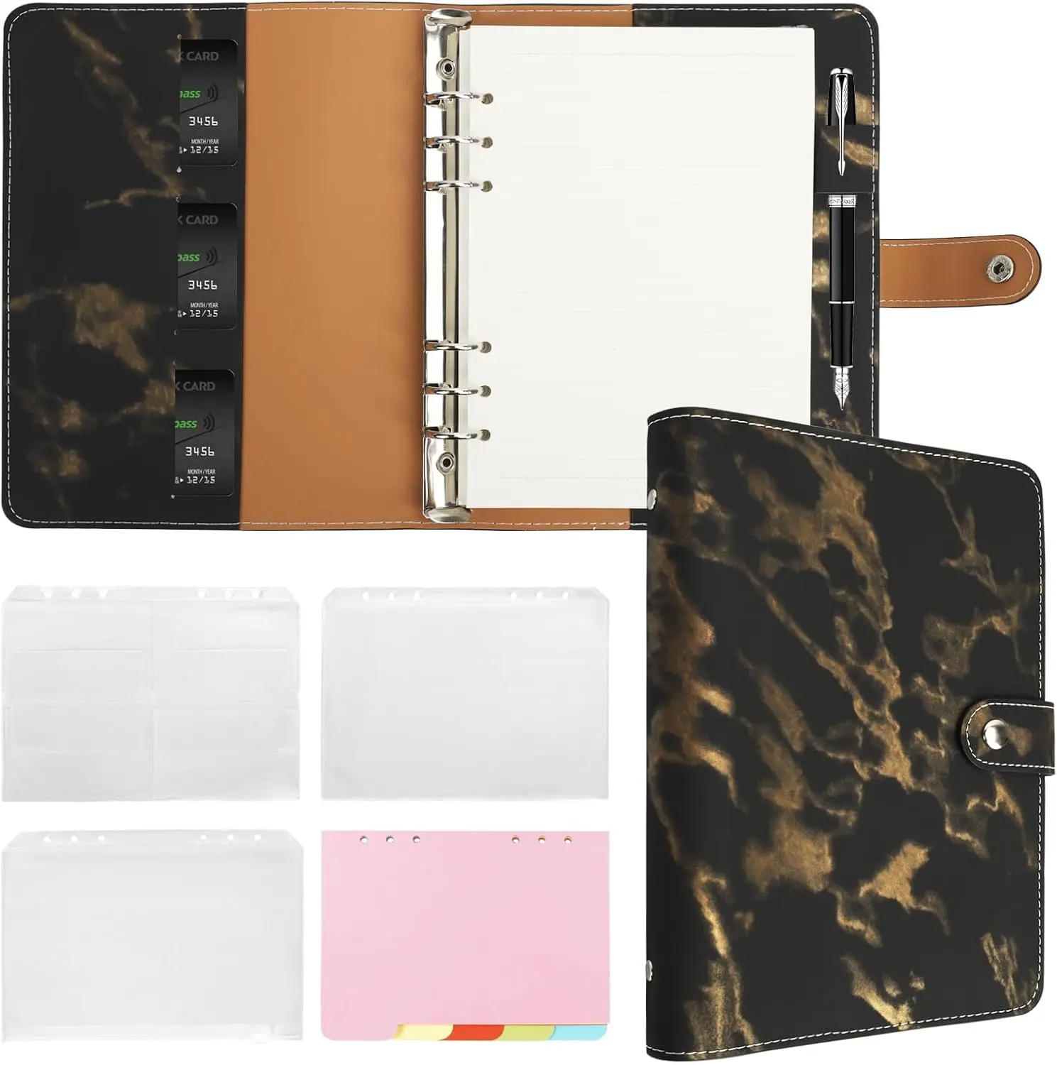 A5 Binder Refillable Planner Notebook 6 Ring PU Leather Binder Journal with Pockets, Dividers, Refill Paper Marble Black
