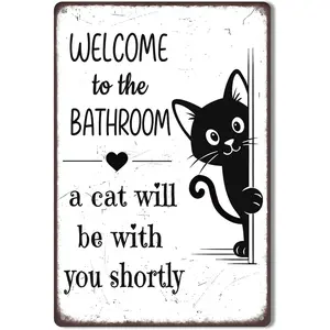 Funny Bathroom Decor – Welcome to the Bathroom A Cat Will Be With You Shortly – Black Cat Metal Tin Sign for Restroom, Toilet, or Powder Room Wall Decor, Vintage Style 8x12 Inch