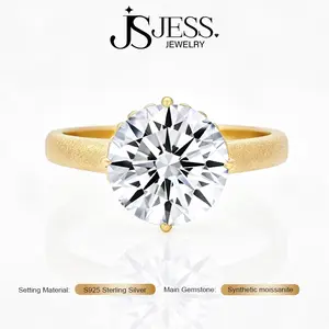 Matte Texture Band 3-Carat Round Full Moissanite Solitaire Ring Two-Tone 18K Gold Plated S925 Silver Women’s Wedding Promise Ring