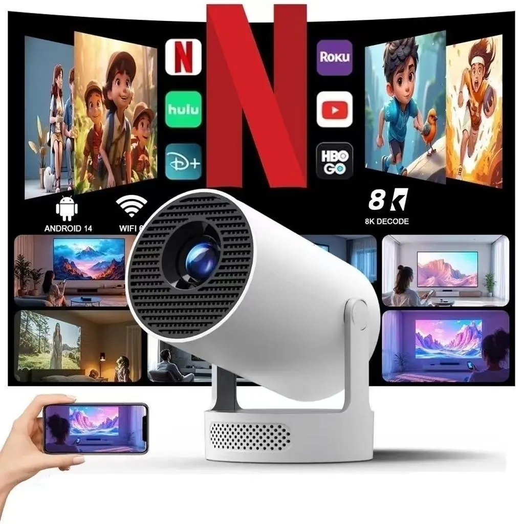 HY300Pro+ Mini Projector with 290ANSI Lumens Auto Keystone Correction Dual-Band WiFi6 & Bluetooth 5.4 Android 14 1280x720P 4K Decode  for Home Cinema Portable Movie Theater Gift - Audio 4K/1080P Support #TikTokShopBackToSchool