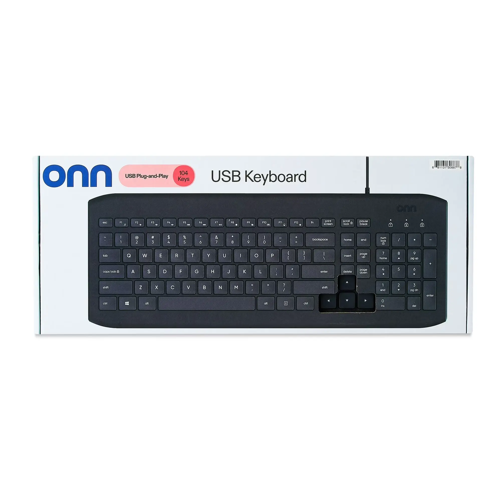 Onn Full USB Wired Keyboard with built-in shortcut keys. Black