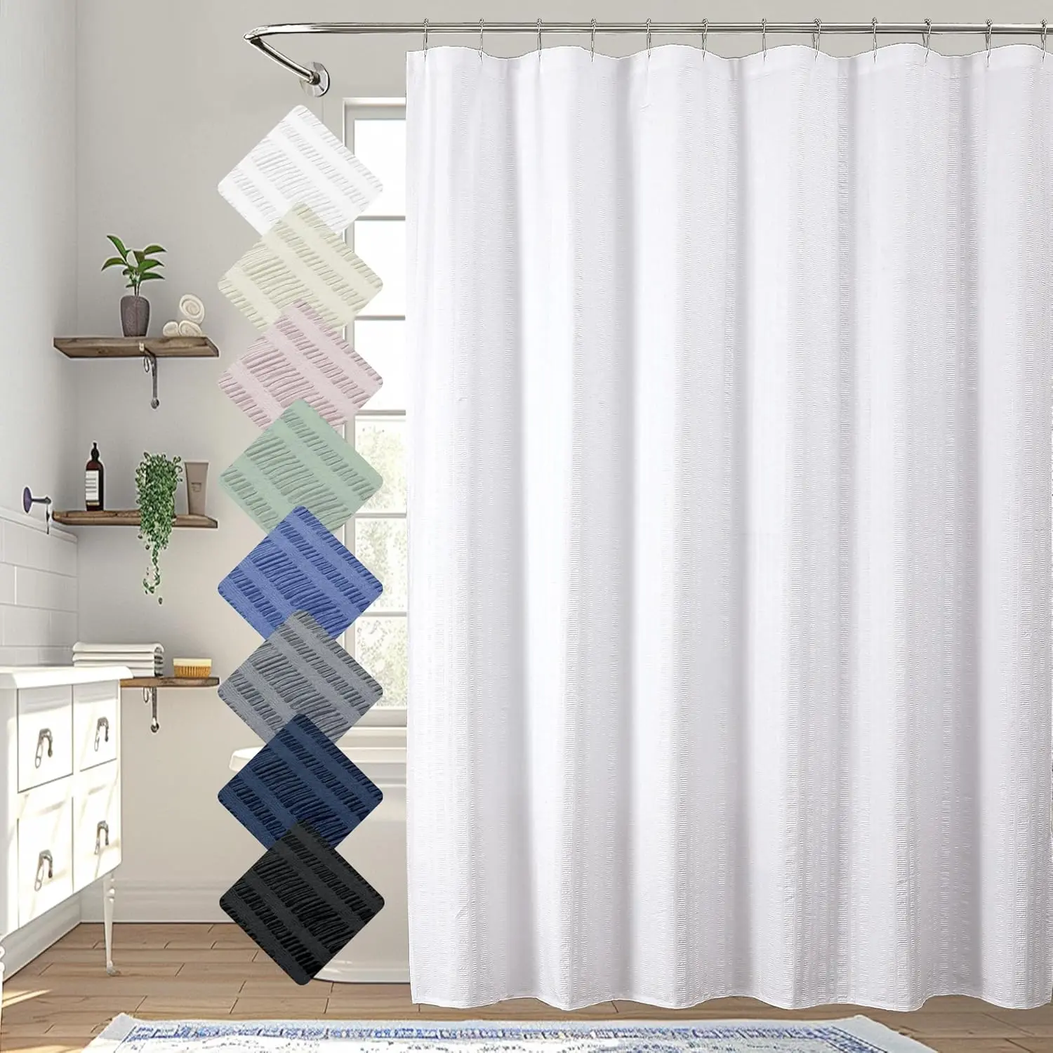 72x84 in White Extra-Long 3D Embossed Soft Fabric Luxury Shower Curtain - Farmhouse-Modern Bathroom Accessory, Water-Repellent, Machine Wash, Wrinkle Free, Beautiful Draping, Hook-Included Easy Installation, Hotel-Like Home Supply