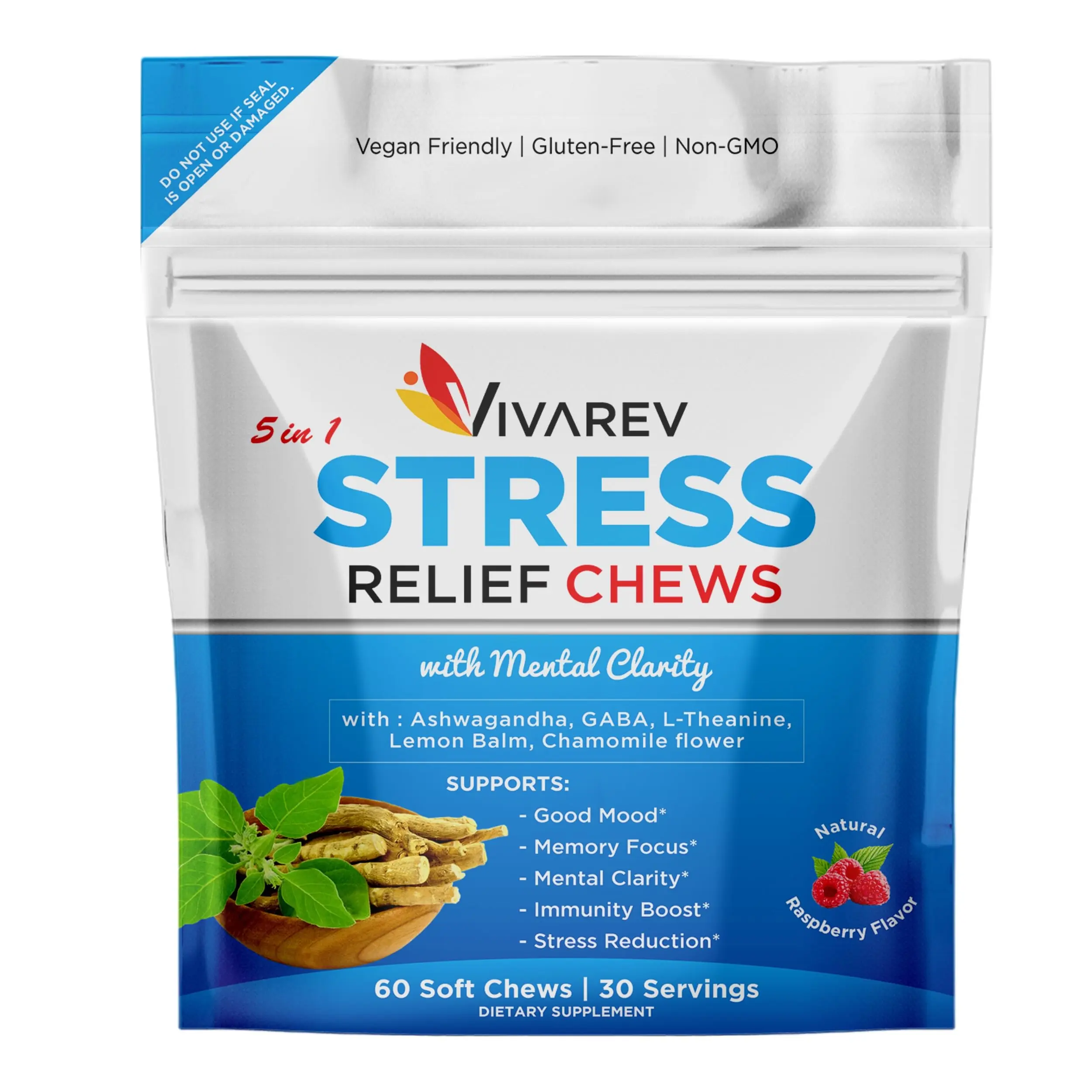 VIVAREV Stress Relief Ashwagandha Gummies - Formulated with Ashwagandha, GABA, L Theanine, Lemon Balm & Chamomile Flower as a Stress Relief and Focus Supplement- Natural Raspberry Flavor, Pack of 60