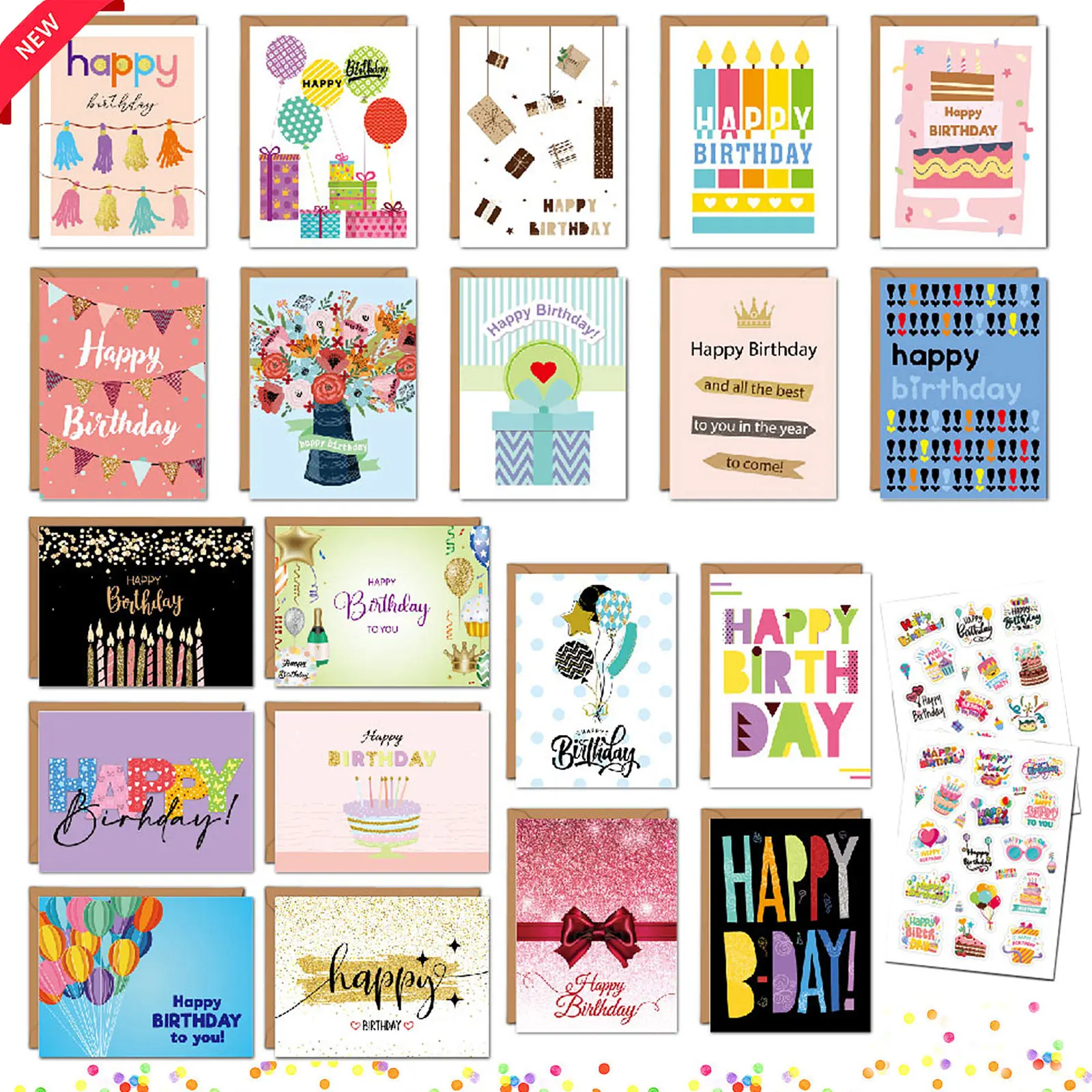 20 Birthday Greeting Cards Assortment with Blank Envelopes and Stickers, 4x6 Inch Mini Cards, Latest Design, 20 Color Styles, Fun Party Cards