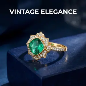 Vintage Cushion-Cut Faux Emerald Halo Ring - Art Deco Lotus-Shaped Antique Colored Gemstone Statement Ring for Bridal Jewelry Inspiration, Antique Rings, Colored Gemstone Rings