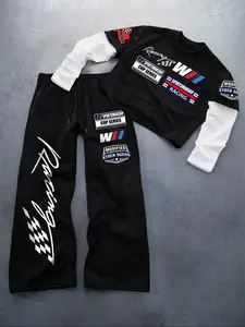 Men's Two-Piece Set Fake Two-Piece T-Shirt, Long Sleeve Top and Pants, Racing Theme Pattern, Casual Fashion, Comfortable Breathable