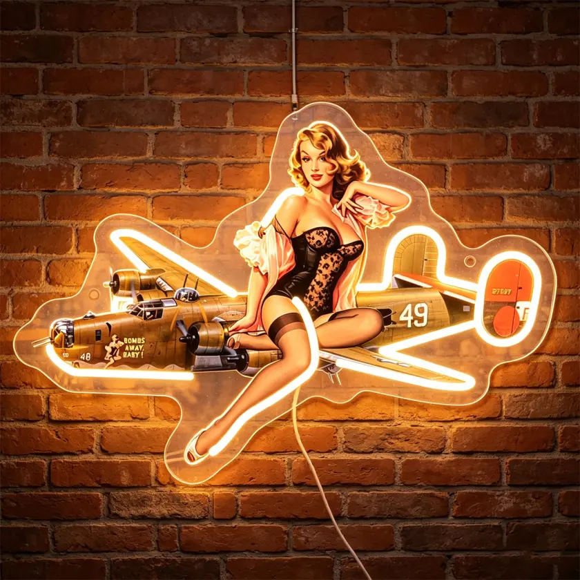 B17 Bomber Plane Neon Sign Retro Pop Girl Neon Sign Light, USB Powered LED Neon Sign, Retro Pop Wall Decor, Perfect for Bar, Garage, Man Cave, for Military Enthusiasts