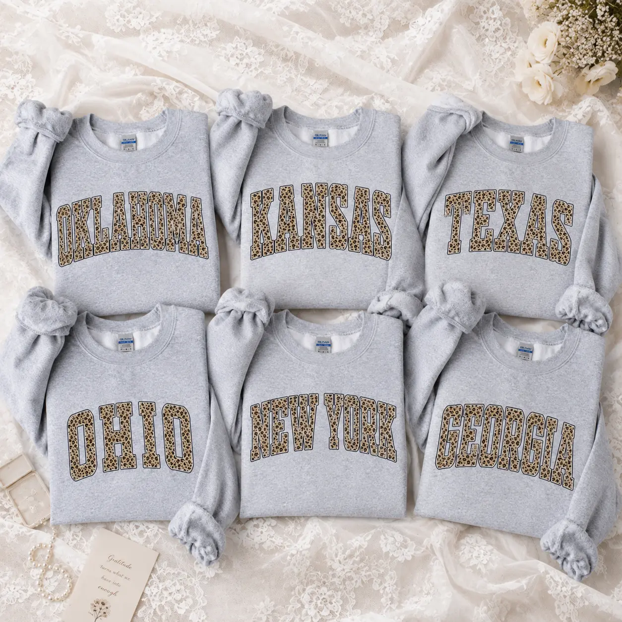 Custom State Name Leopard Print Crewneck, Personalized Oklahoma Kansas Texas Ohio New York Georgia Sweatshirt Vintage College Letter Pullover, Matching Family Gift, Unisex Sweatshirt, Birthday Gift, Mother's Day Gift - JACKSON HOAI STORE