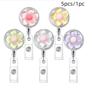 Cute Transparent Flower Badge Reel, Retractable ID Holder for Women, Doctor Nurse ID Clip, 1/5 Pieces, Fashionable and Functional