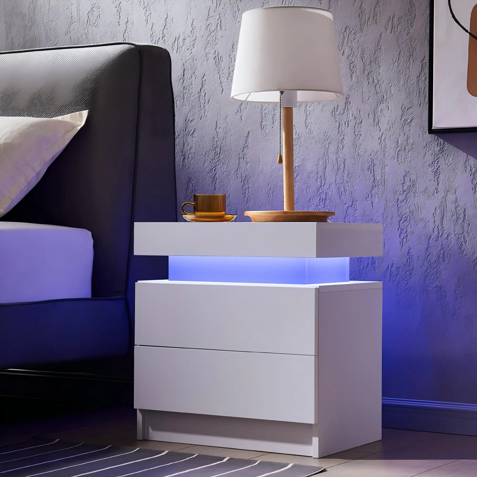 Spaco Smart Touch-Activated RGB-Lit LED Nightstand - Modern White Wood Bedroom Furniture, 2 Storage Drawers, Contemporary End Table, Flat-Top Dual-Use Modern Bedside Table, Flat-Top Bedside Tables