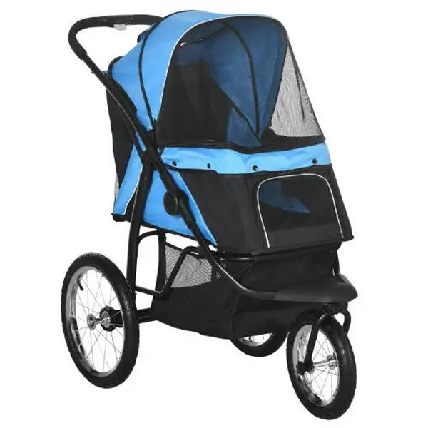Pet for Small and Medium Dogs Big Wheels Foldable Cat Stroller with Adjustable Canopy Safety Tether Storage Basket Blue