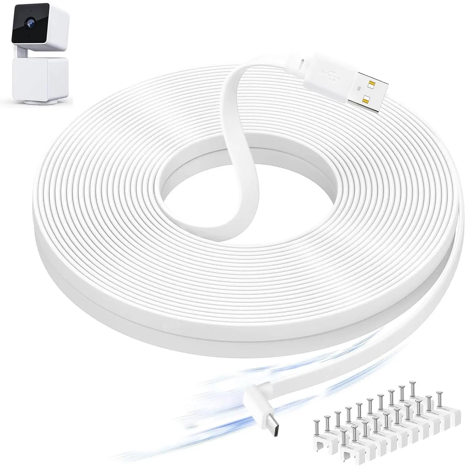 50FT Power Extension Cable Compatible with WYZE Cam Pan V3, USB to 90 Degree Micro USB Extension Charging Cable for WYZE Cam Pan V3,L-Shaped Flat Power Cord (White)