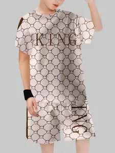 Boys' Cartoon Pattern Fitted Short Sleeve Two-Piece Set Outfit Suits, Casual Crop Top & Bottoms, Lightweight High-End Design, Perfect for Daily Wear