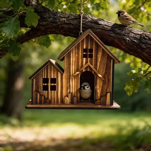 1PC Rustic 2-In-1 Wooden Bird House, Hanging Bird Nest for Outdoors, Weather Resistant Bird Hut with Window Design, Ideal for Sparrows & Wrens
