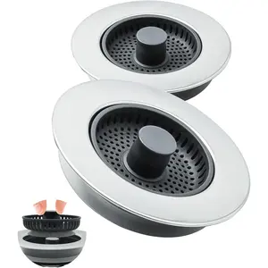 2 Pack 3 in 1 Kitchen Sink Drain Strainer Stopper & Stainless Steel Kitchen Sink Strainers Plug & Upgraded Sink Installation Parts with Anti-Clogging Basket, Fits US Standard 3-1/2'' Hole
