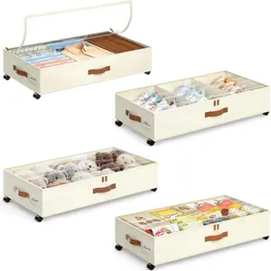 Under Bed Storage with Wheels, 4 Pack Under Bed Storage Containers with Adjustable Dividers & Clear Window, Rolling Underbed Organizer Bins Drawers for Clothes, Shoes, Blankets, Beige