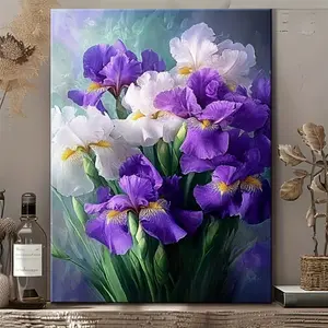 Purple and white iris flower framed wall art, suitable for decoration, with a wrap-around design, ideal for bedrooms and bathrooms - modern minimalist botanical decor, featuring elegant floral motifs