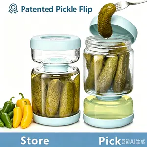 Summervibes  34oz Blue Borosilicate Glass Pickle Jar with Double Leak-Proof Design & Hourglass Flip for Easy Drainage - Large 1000ml Capacity for Pickles, Veggies, Fruits - Kitchen Organization
