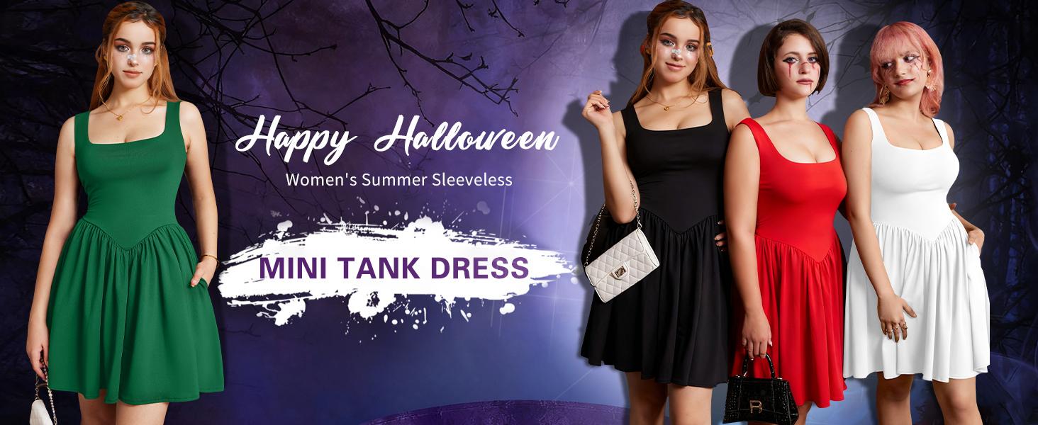 OYS Women's Summer Sleeveless Square Neck A-line Ruffle Hem Mini Tank Dress With Pockets