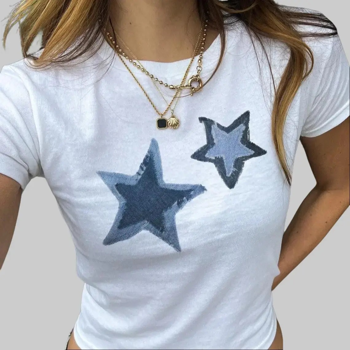 Blue Stars Graphic Baby Tee - 90s Style Cotton T-Shirt
