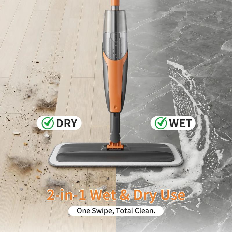 Spray Mop for Multi-Surface Heavy-Duty Cleaning with 4 Washable Microfiber Pads,Refillable Bottle,Functional Scraper,360°Rotating Head,One-Handed Operation,Wet/Dry Use,Rust-proof Aluminum Pole