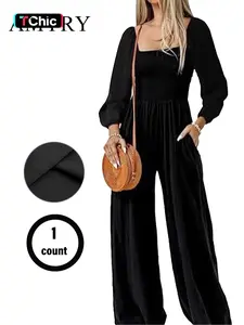 Women's High-Waisted Loose-Fitting Long Pants, Casual Plain Design with Pockets & Shirred Detailing, All-Season Versatile Style