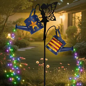 Set Of 2 Solar Watering Can Lights With FlagPattern For Outdoor Decor, Garden Solar Lightwith 8 Multi-Color Changing Modes