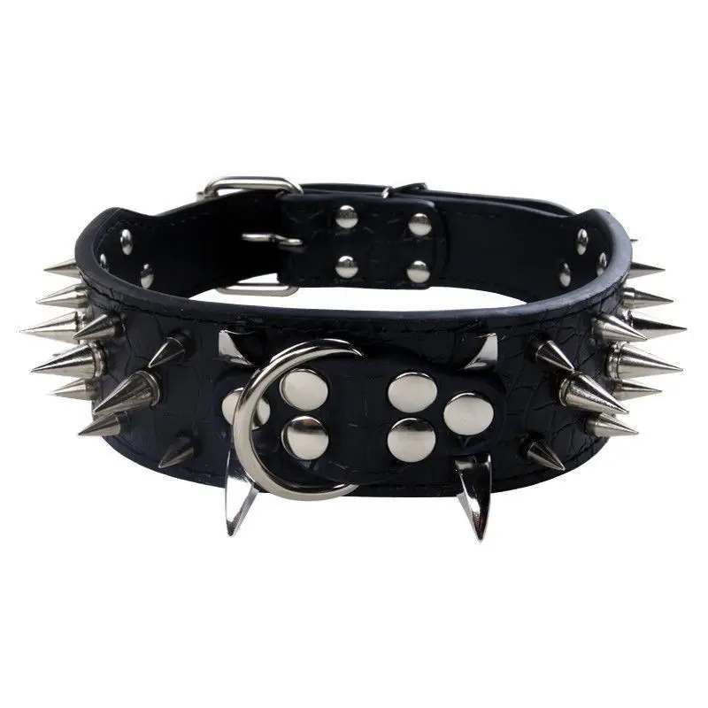 Luxurious Padded Leather Studs Basic Collar - 2 Inch Width Sharp Spiked, Anti-Biting Pink Leopard-Silver, Adjustable Durable Handmade (20.9-24 in) for Medium-Large Dogs, Adjustable Collars, Durable Collars