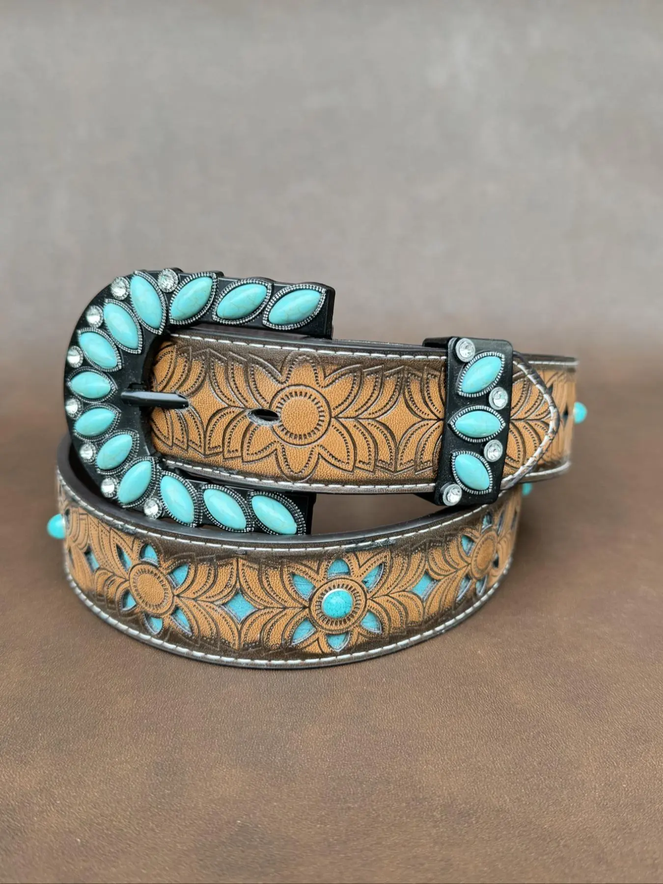 Boho Style Ethnic Pattern Embossed Western Buckle Belt, Vintage Cowboy Cowgirl Belt for Women & Men, Stylish Belts, Fashion Accessories for Daily Wear