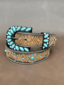 Boho Style Ethnic Pattern Embossed Western Buckle Belt, Vintage Cowboy Cowgirl Belt for Women & Men, Fashion Accessories for Daily Wear