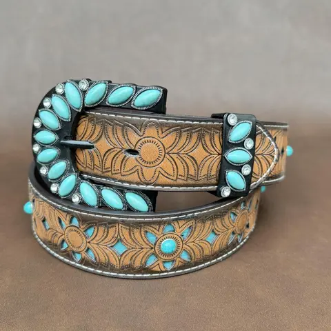Boho Style Ethnic Pattern Embossed Western Buckle Belt, Vintage Cowboy Cowgirl Belt for Women & Men, Stylish Belts, Belt with Buckle, Fashion Accessories for Daily Wear