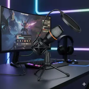 Professional RGB USB Condenser Microphone Kit with Tripod Stand Smart Noise Reduction for Streaming Gaming Podcasting Recording PC Desktop Studio Multimedia Conference Online Teaching Low Noise Adjustable Desktop Mic