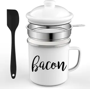 Bacon Grease Saver with Strainer, 1.3L / 46oz Silicone Container, Dishwasher Safe, White for Kitchen Fat Storage Oil Stainless Salad Filter