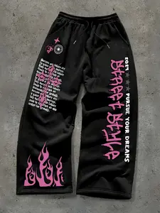 Y2K Pink Flame Graphic Sweatpants - Gothic Cross Print Wide-Leg Joggers
