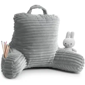 Reading Pillow for Kids – Back Pillow for Sitting in Bed, Plush Shredded Foam Bed Chair Pillow with Arms and Pockets, Silver