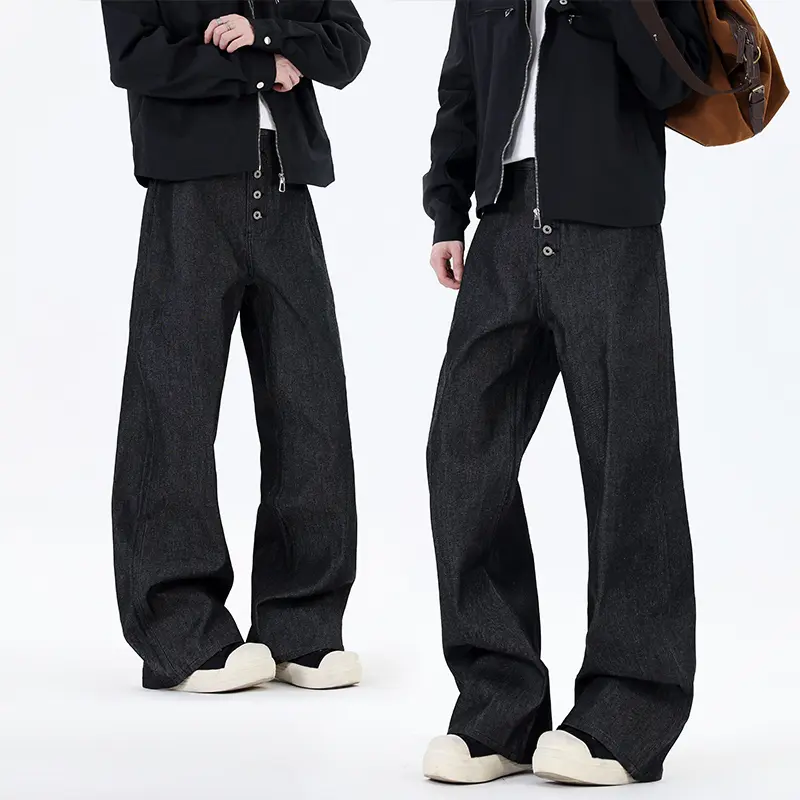 Vintage ’90s skater baggy jeans, dark wash, button fly, oversized denim pants, aesthetic streetwear, unisex bootcut men