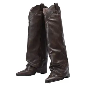 Western Cowboy Style Fold Over Boots for Women Pointed Toe Mid Calf with Rivet Fashion Stacked Block Heel Slip On V Shape Casual Booties All Season Classic