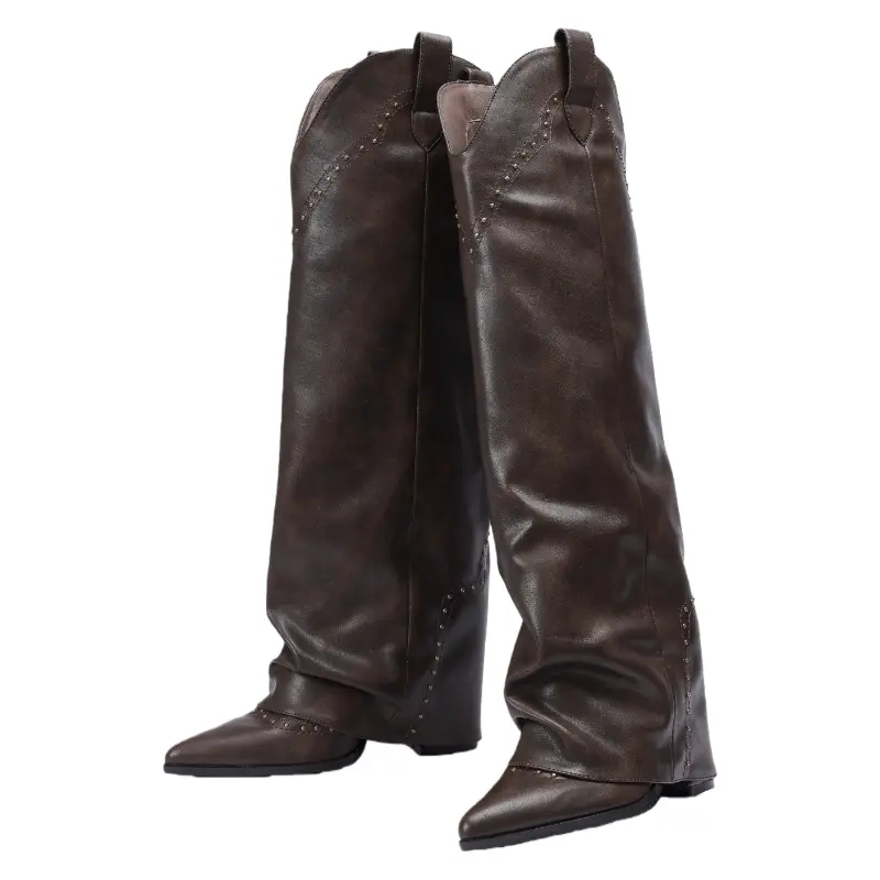 Women's Classic Western Cowboy Boots - Mid-Calf Slip-On with Pointed Toe, Fold-Over Cuff, Rivet Accents, and Stacked Block Heel