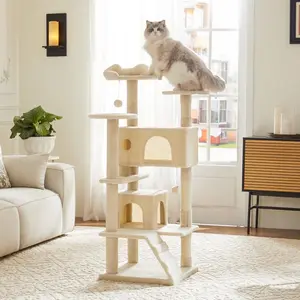 54in Small Modern Cat Tree Tower for Indoor Cats - 3-Tier Pet Furniture with Sisal Scratching Post, 50x50cm Large Condo, Climbing Ladder, Animal Print Plush Toy - Ideal for Kittens