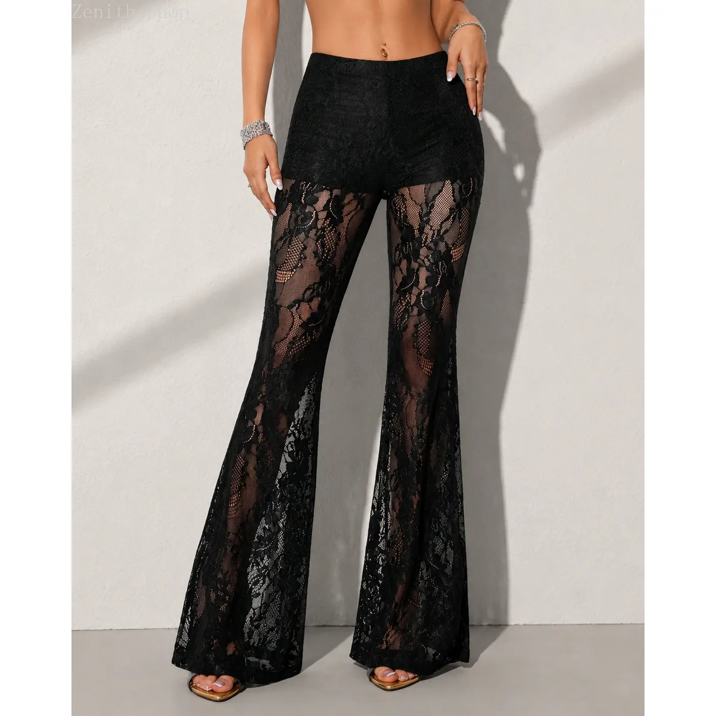 Women's High-Waisted Elegant Floral Lace Flare Pants - Feminine, Chic, Elastic, Comfortable Lightweight Breathable Trousers for Parties