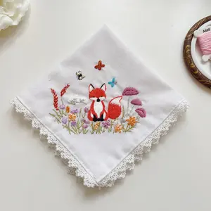 Fox In Mushroom Field Flowers Wedding Hand-Embroidery Linen Handkerchief Custom Wild Flowers Handkerchief Women Embroidery Handkerchiefs